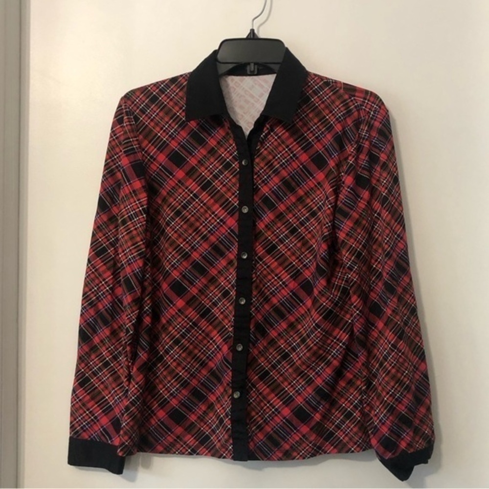 J. McLaughlin Red Plaid Black Trim Button Down Long Sleeve Blouse Medium